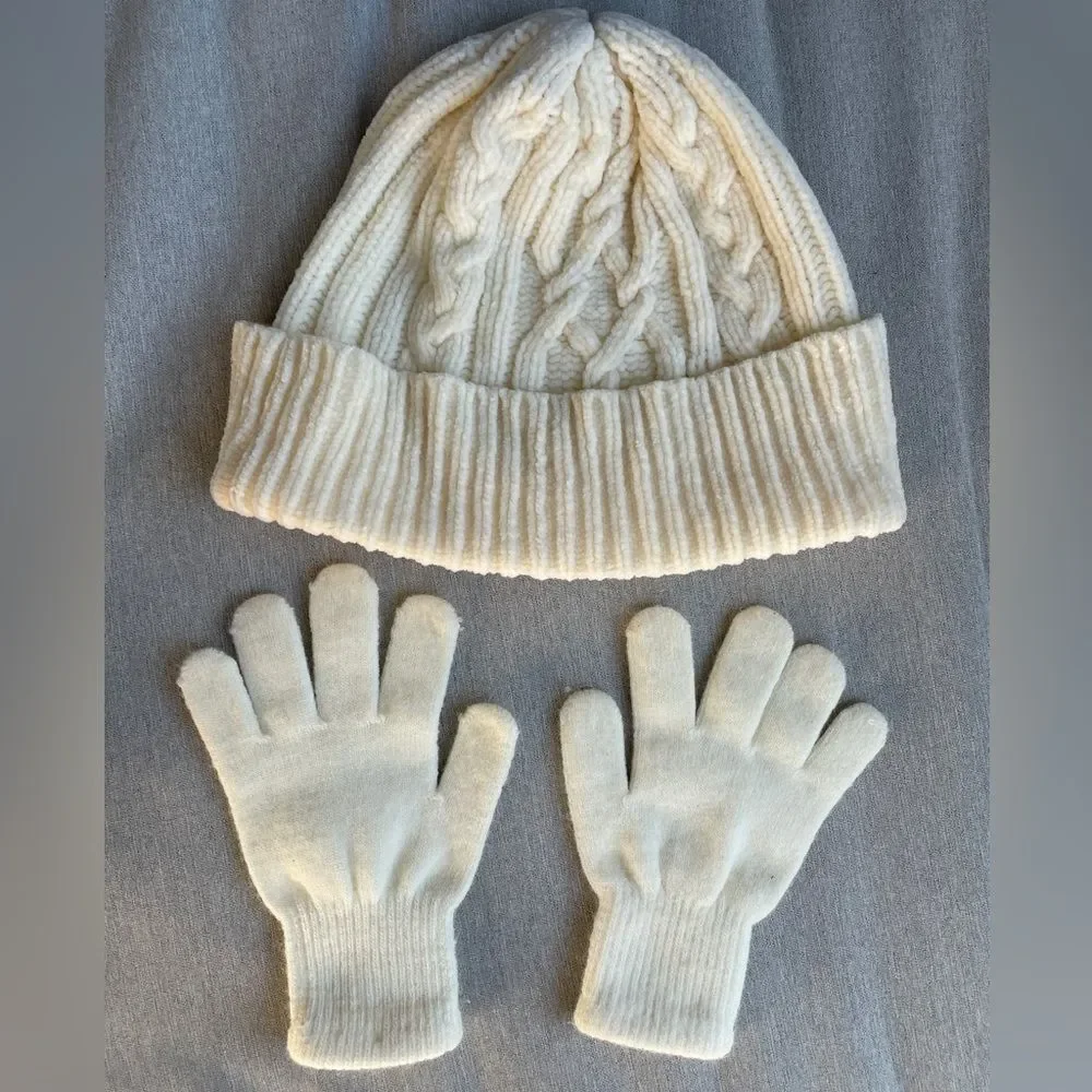 Soft Cozy Cream Knit Hat and Gloves Set for Kids or petites Ivory